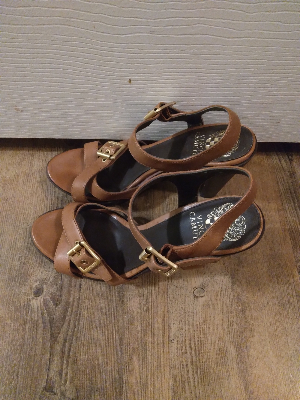 Vince Camuto Tan Leather Buckle Heeled Sandals